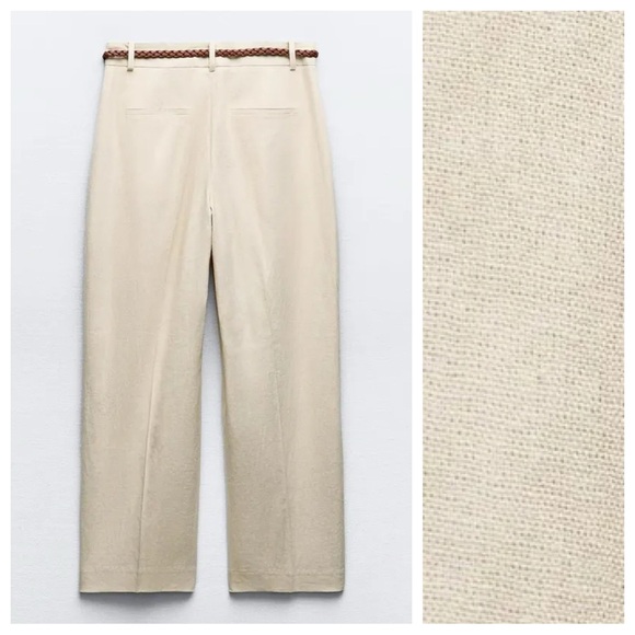 NWT. Zara Beige Linen Blend Belted Straight Leg Braided Belt Pants. Size S. - Picture 7 of 12